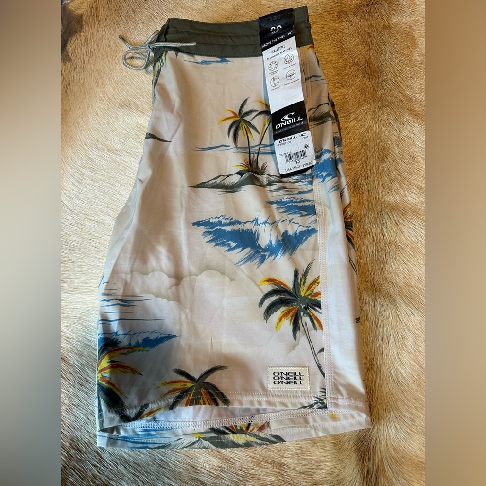 O'Neill Palm Tree Print Boardshorts in Cream and Blue